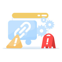 Phishing alert illustration showing a browser chat with a suspicious link and a red warning triangle, indicating scam risks and online fraud prevention.