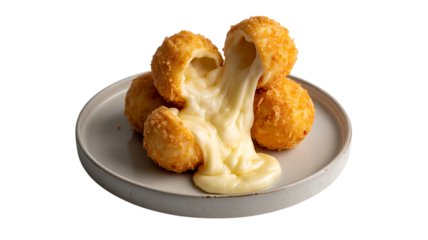Crispy fried cheese balls with molten cheese stretching out on a plate