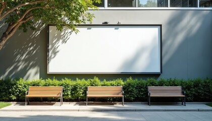 Blank billboard for advertisement placed on building wall with benches below. Green bushes and tree with leaves frame the area. Outdoor scene with copy space for messages.