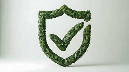 Green shield symbol made of leaves with a check mark inside symbolizing environmental protection and ecological safety approval
