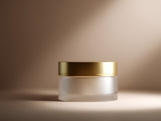 380. cosmetic jar with golden accents and soft glow, modern vibe, soft diffused glow, minimal composition, generic props only