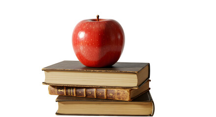 Red apple sits on stacked books, creating soft lighting, perfect for educational or food product photography.