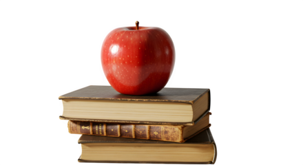 Red apple sits on stacked books, creating soft lighting, perfect for educational or food product photography.