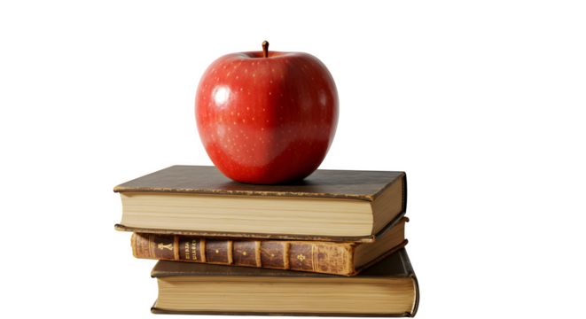 Red apple sits on stacked books, creating soft lighting, perfect for educational or food product photography.