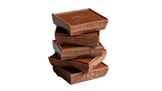 A stack of rich milk chocolate squares is presented against a clean white background.