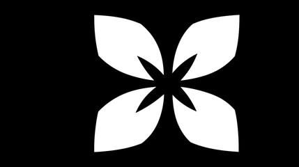 Minimalist abstract white four-petal flower icon on black background, simple geometric floral design element, graphic symbol illustration.