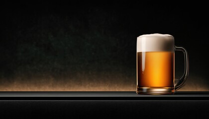 Light Beer With Foam In A Mug On A Beautifully Lit Stage With Space For Inscription, Logo, Or Recipe On A Black Top.