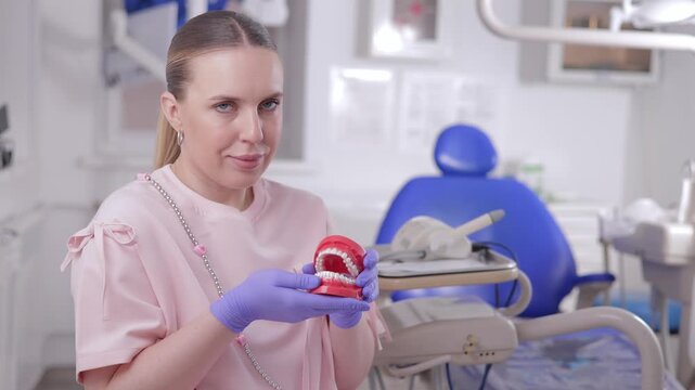 Female dentist with dental model in modern clinic setting, invisalign aligner orthodontic appliance teeth to make straight.