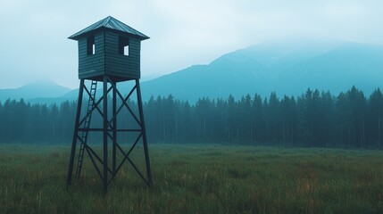 Drone view of mountain forest with active fire watchtower equipped with detection sensors. 