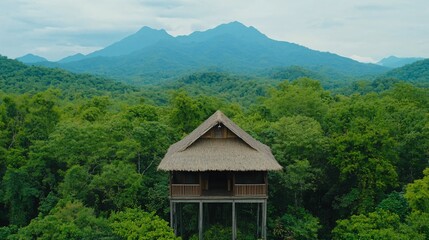 Drone view of mountain forest with active fire watchtower equipped with detection sensors. 