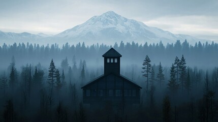 Drone view of mountain forest with active fire watchtower equipped with detection sensors. 