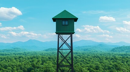 Drone view of mountain forest with active fire watchtower equipped with detection sensors. 