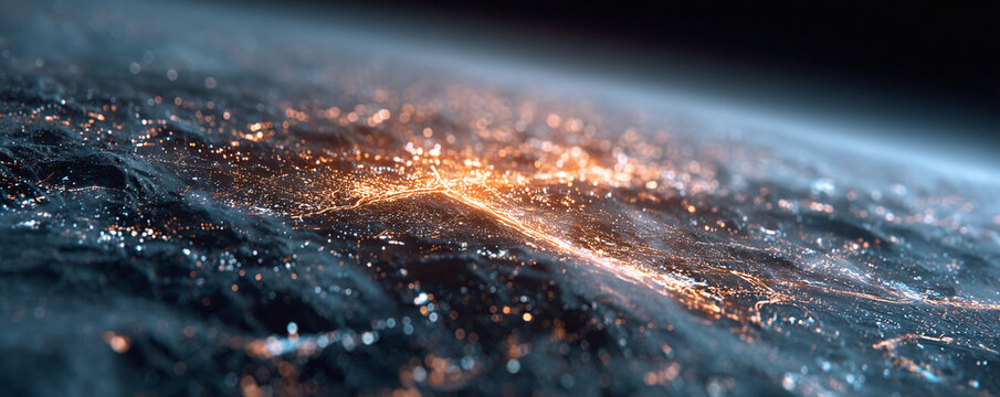 Abstract aerial view of a vibrant, glowing city at night, seen from space. Evokes themes of technology, connectivity, and global networks. Perfect for business, science or tech designs.