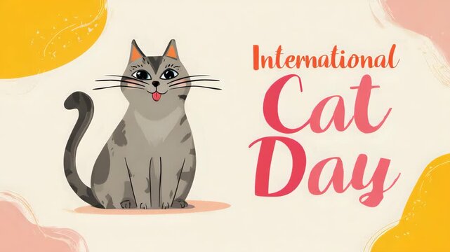 Cute cartoon cat illustration for International Cat Day a cheerful vector graphic for greeting cards and social media posts isolated on beige