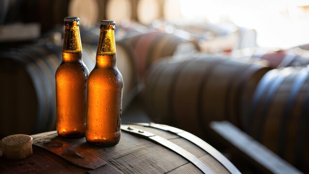 Two amber beer bottles rest on a wooden barrel in a cozy rustic bar setting tonight.