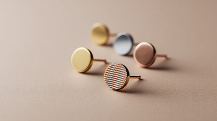 Elegant stud earrings in gold, silver, and copper tones. Minimalist jewelry design. Ideal for fashion, beauty, or gift concepts. Studio shot, soft lighting.