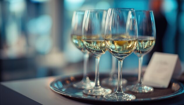 Close-Up Shot Of Wine Glasses On Tray With White Wine In Corporate Event Setting With Shallow Depth Of Field. Indoor Location.