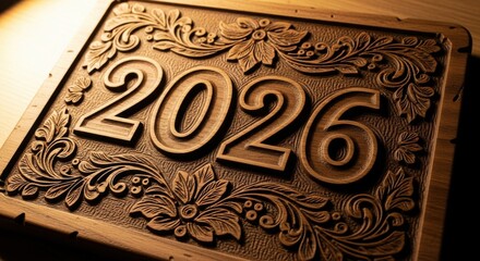 Ornate Decorative Carved Year 2026 Signage Wood