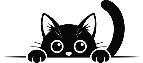 Curious cartoon black cat peeking over a white surface with wide eyes and paws, playful feline illustration graphic design element
