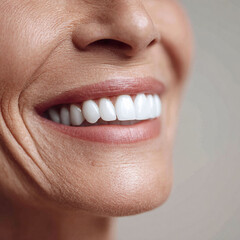 Obraz premium Closeup of a smiling mature woman with perfect white teeth. Captures health, beauty, confidence, and dental care. Ideal for wellness or cosmetic concepts.