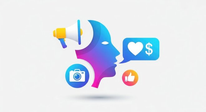 Digital influence and communication head concept with marketing assets integration