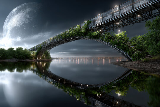 Modern bridge illuminated by moonlight over calm river at night