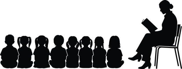 Silhouette of teacher reading book to children sitting on floor, classroom storytime education vector illustration, kindergarten storytelling activity