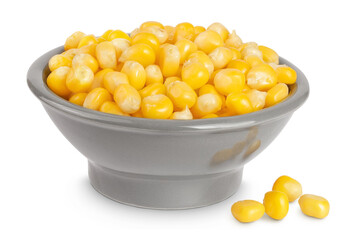 corn seeds in ceramic bowl isolated on white background with full depth of field