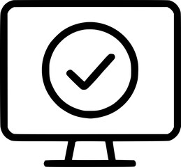 An outline icon showing a checkmark on a monitor screen, symbolizing task completion, successful resolution, and online confirmation.