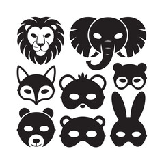Set of Black Animal Face Masks Vector Icons