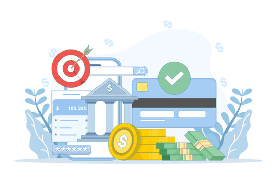 Budget and business strategy concept with finance, accounting, investment planning, mobile banking apps, money, coins, and target boards illustrating financial goals.