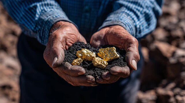 Detailed shot of human hand holding raw gold nuggets over dark soil, strong contrast between glistening metal and rugged earth, rich texture and natural lighting