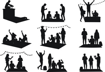 Black silhouette groups of people interacting, celebrating, and relaxing under string lights in social and recreational outdoor scenes
