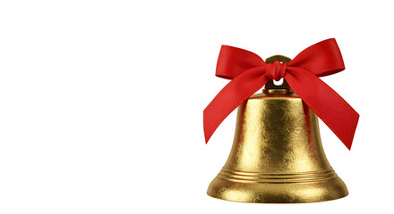 Gold bell with red ribbon gleams against black. Use for Christmas, New Year's, weddings, and festive promotions.