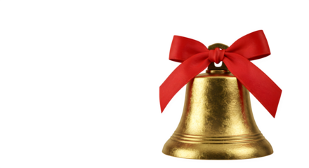 Gold bell with red ribbon gleams against black. Use for Christmas, New Year's, weddings, and festive promotions.