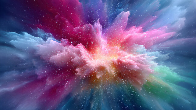 Abstract explosion of vibrant colors and sparkling particles. Represents energy, creativity, and cosmic events. Great for backgrounds, designs and presentations.