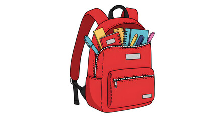 Red schoolbag with supplies sits for educational content, branding, or posters.