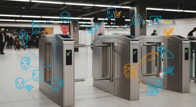 Modern automated subway station turnstiles with futuristic digital overlays representing data flow and connectivity in a public transportation hub