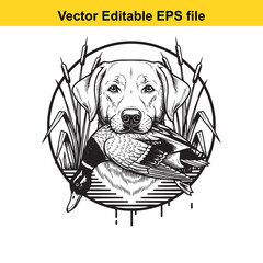 Black and white illustration of a labrador retriever dog holding a duck in its mouth, surrounded by reeds, vector art