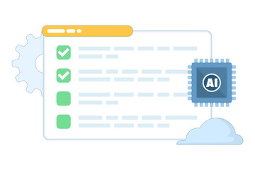 AI productivity tool for smart task management and automated checklists. Minimal flat interface with cloud and gear icons representing AI-powered to-do lists and workflow automation.