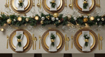Elegant Holiday Table Setting with Festive Decorations and Gold Accents for a Luxurious Feast