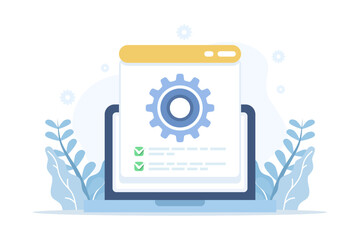 Project technical specification check overview icon vector graphic illustration, cartoon flat checklist manual, information file document setup, configuration automation operating system