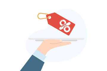 Special discount tag icon. Hand holding promotion label offering exclusive sale or limited offer. Flat cartoon vector illustration for marketing, retail promo, and price deal graphic.