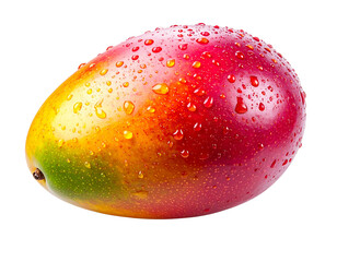 Angled Organic Mango with Dewy Surface and Highlighted Texture, White Background Isolation