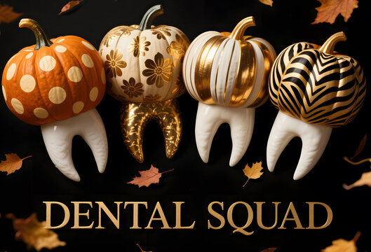 Decorative pumpkin-themed tooth characters in elegant gold and black autumn designs on a dark background with falling leaves - Powered by Adobe