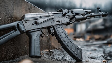 Wet Assault Rifle Leaning on Concrete