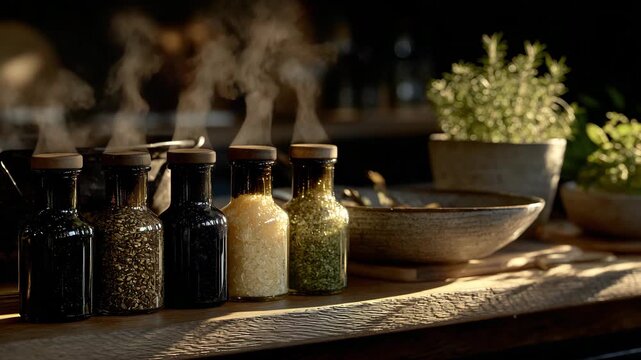Five flavoured sauce bottles with light mist of steam above, positioned on a textured wooden countertop, soft morning sunlight enhancing warm cooking ambiance
