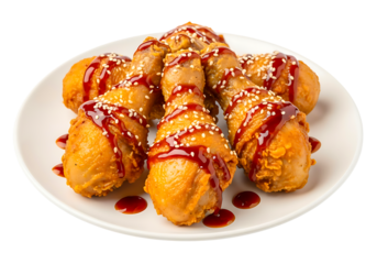 Delicious fried chicken drumsticks drizzled with sauce isolated on transparent background