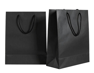  Angled View of Matte Black Gift Bags with Rope Handles, Overlapping Layout, Transparent Background