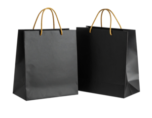  Floating Matte Black Shopping Bags with Gold Rope Handles, Dynamic Composition, Isolated PNG
